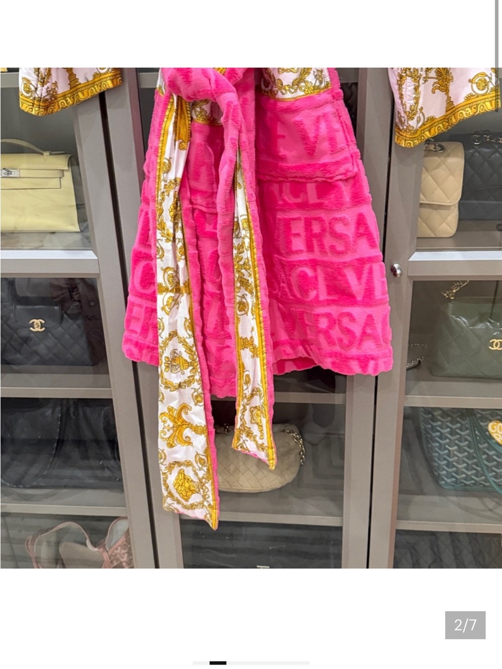 Versace Hot Pink Plush Logo Robe with Gold Baroque Accents - Picture 7 of 12
